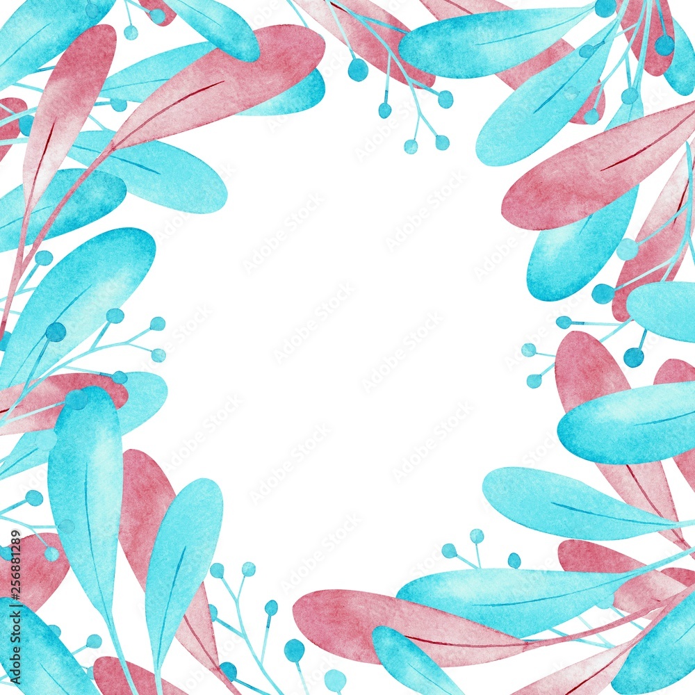 Square frame of pink and blue leaves isolated on white background. Watercolor illustration. Square frame of pink and blue leaves isolated on white background. Watercolor illustration.