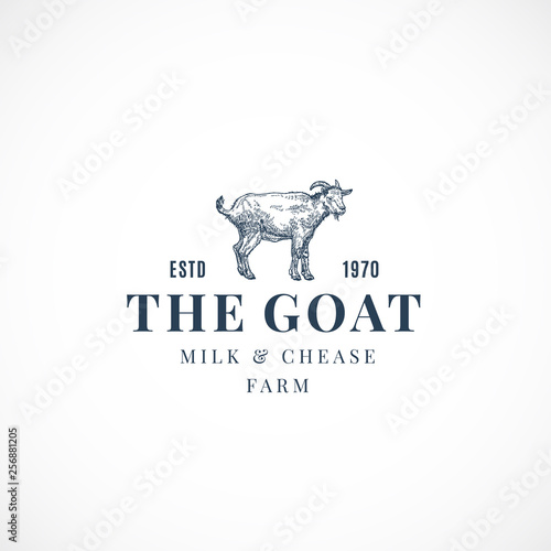 The Goat Milk and Cheese Farm Abstract Vector Sign, Symbol or Logo Template. Hand Drawn Goat Sketch Illustration with Retro Typography. Vintage Emblem.