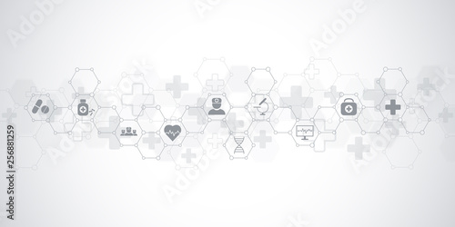 Abstract medical background with flat icons and symbols. Concepts and ideas for healthcare technology, innovation medicine, health, science and research.