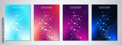 Vector template for cover or brochure, with molecules background and DNA strand. Medical or scientific and technological concept. photo