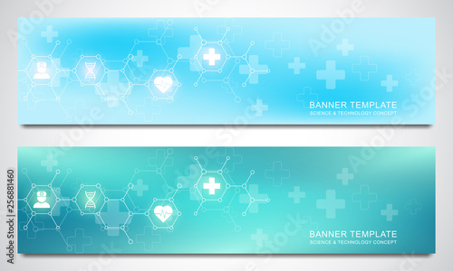 Banners design template for healthcare and medical decoration with flat icons and symbols. Science  medicine and innovation technology concept.
