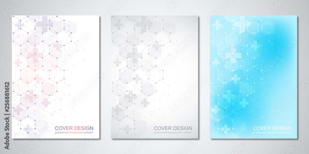 Vector templates for cover or brochure with abstract hexagons pattern. Concepts and ideas for medical, healthcare technology, innovation medicine, science.