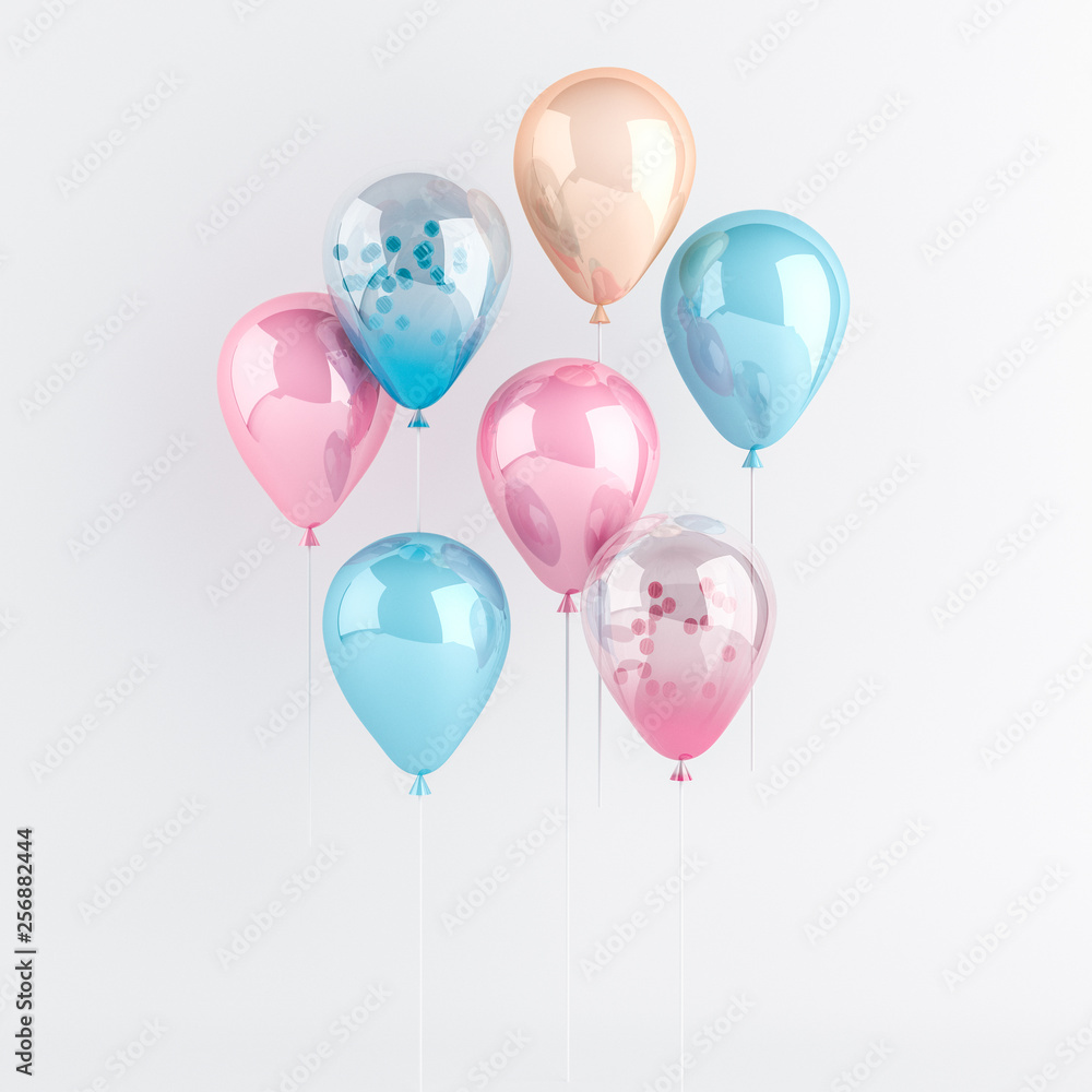 Set of pink, blue and transparent glossy balloons on the stick with sparkles on white background. 3D render for birthday, party, wedding or promotion banners or posters. Realistic illustration.