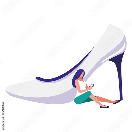 woman using smartphone with heel shoe