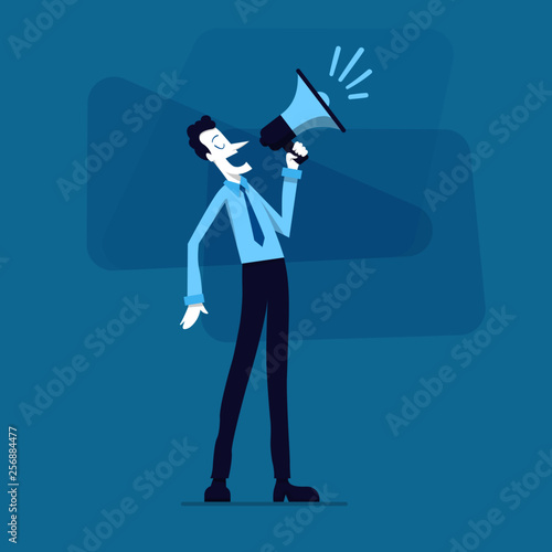 Business character shouting with loudspeaker. Happy worker with megaphone. Flat design cartoon illustration.