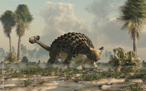 Ankylosaurus, one of the most popular dinosaurs, was a cretaceous era ornithischian herbivore.  The armored dino stands in a watery lowland. 3D Rendering.  photo