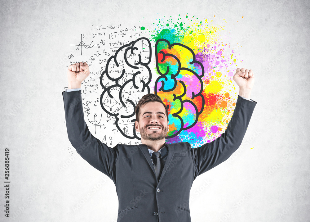 Businessman celebrating victory, brain sketch Businessman celebrating victory, brain sketch