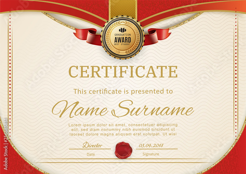Official retro certificate with red gold design elements. Red ribbon and gold emblem. Vintage modern blank