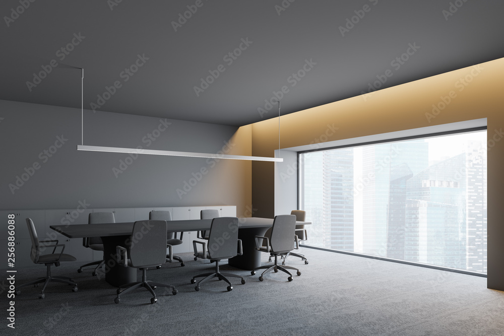 Fototapeta premium Modern dark office interior with work space. 3D render