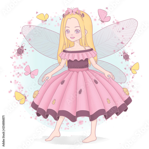 Princess of beatles and butterflies. Little girl in pink dress