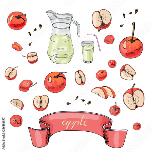 Color collection  of whole and sliced apples, jug, glass and tape. Hand drawn  sketch with red apples isolated on white  background.