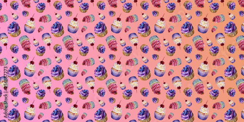 cupcakes. background. pattern. cherries, strawberries, raspberries, blueberries. watercolor