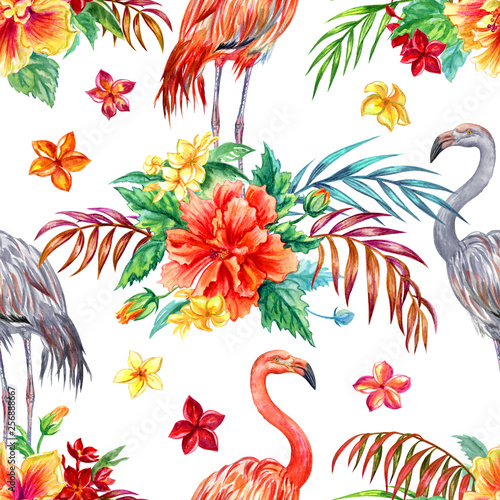 Seamless pattern of tropical flowers and flamingos on a white background. Hibiscus, plumeria, palm leaves in a beautiful tropical pattern.