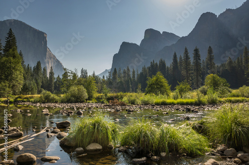 Yosemite Valley Viewed from Along Side of Merced River in Morning Light