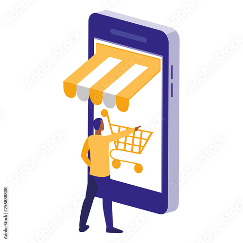 young man using smartphone with shopping cart