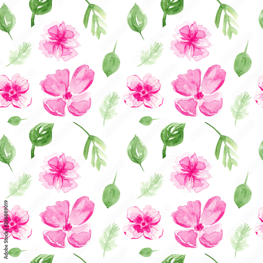 seamless pattern with pink flowers and leaves on a white background. Watercolor illustration seamless pattern with pink flowers and leaves on a white background. Watercolor illustration