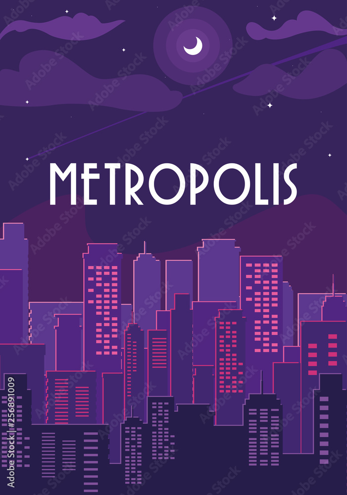 metropolis cityscape buildings with purple sky