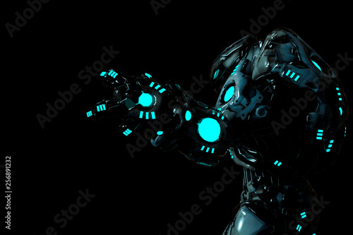 predator black and blue glowing robot in a dark background side view © DM7