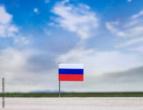 Flag of Russia with vast meadow and blue sky behind it.