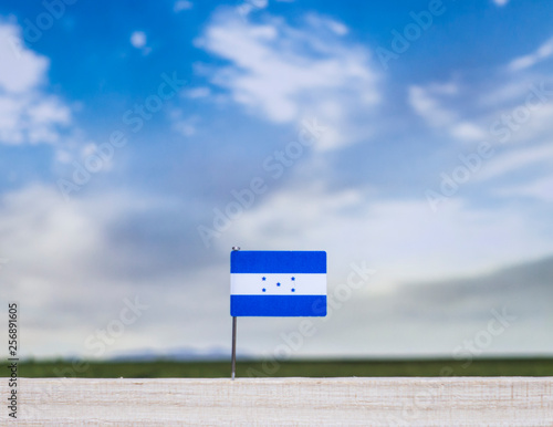 Flag of Honduras with vast meadow and blue sky behind it.