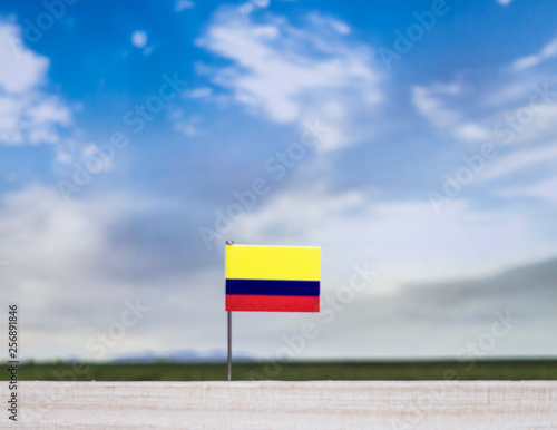 Flag of Colombia with vast meadow and blue sky behind it.