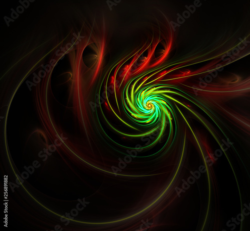 Abstract spiral fractal image of jellyfish on black background. Digital Art.