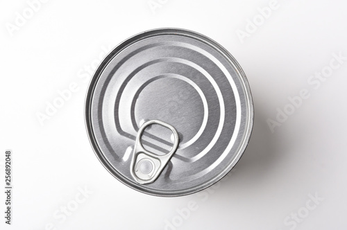 top view of a food tin can on a white background