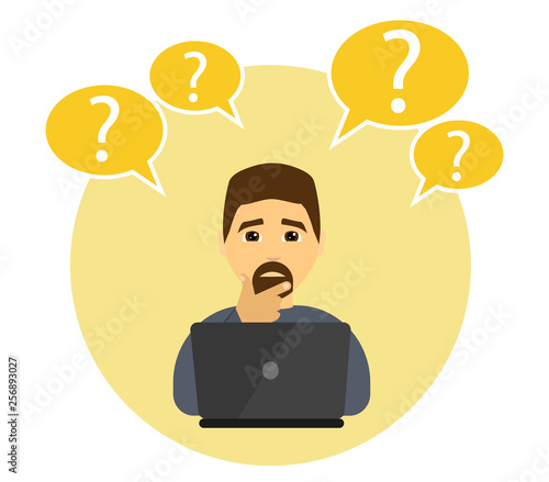 A man works on a laptop. Man is confused. Vector illustration.