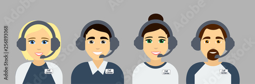 Call center agents. Online customer support service assistants. Flat avatars. Vector illustration.