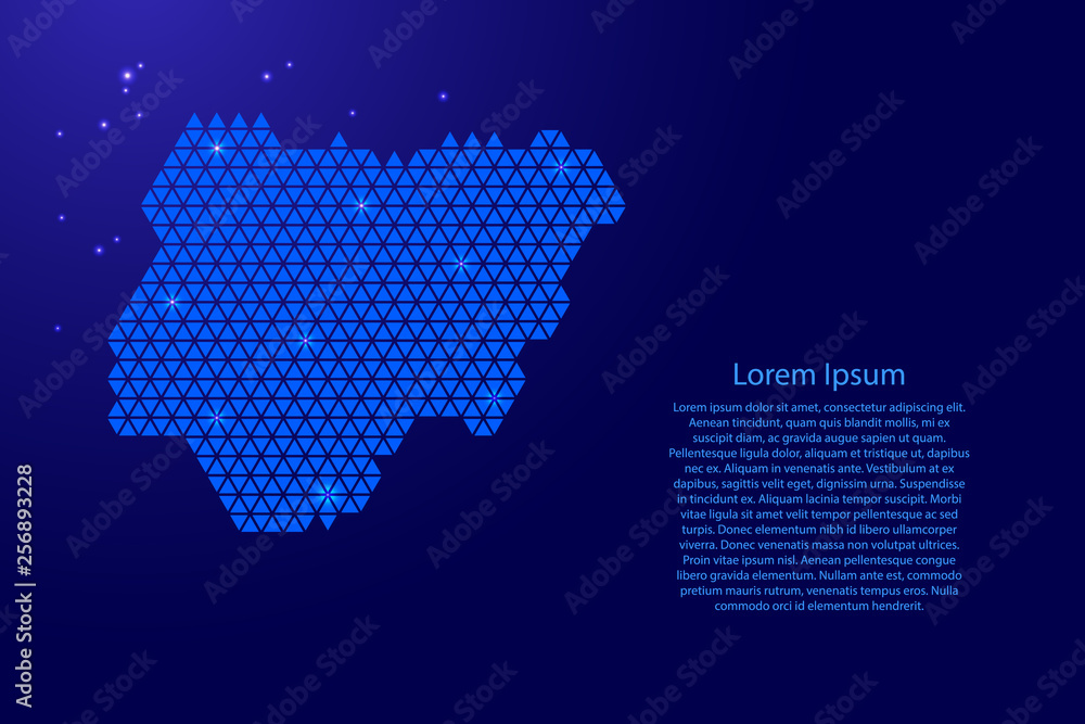 Nigeria map abstract schematic from blue triangles repeating pattern geometric background with nodes and space stars for banner, poster, greeting card. Vector illustration.