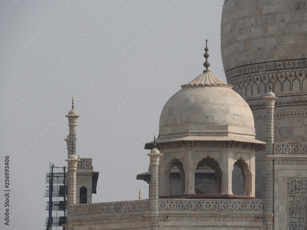 Obraz premium Close-up details Taj Mahal, famous UNESCO historical site, love monument, the greatest white marble tomb in India, Agra, Uttar Pradesh.