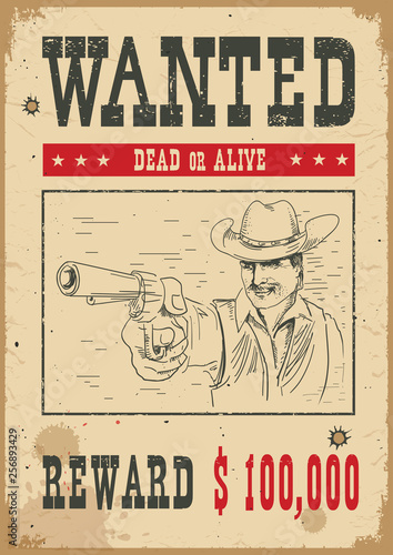 Wanted poster.Vector western illustration with bandit man and gun