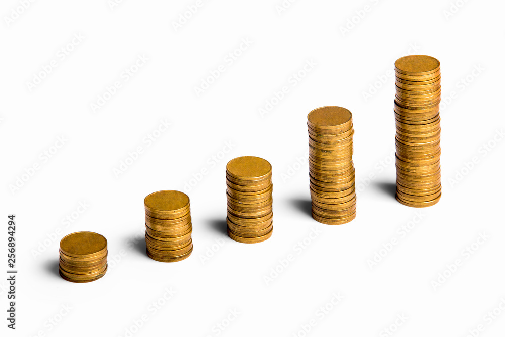 Increasing columns of gold coins on white Increasing columns of gold coins on white