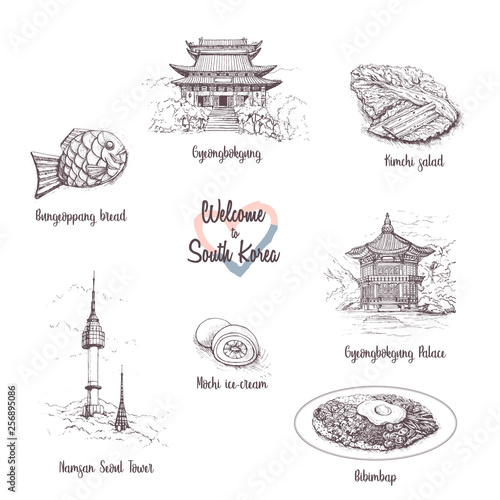 Illustration South Korea culture symbol set.Asian food,architecture sketch.Korean food set doodle,kimchi soup, bibimbap,mochi.Seoul sightseeing.Vintage touristic postcard, poster or book illustration.