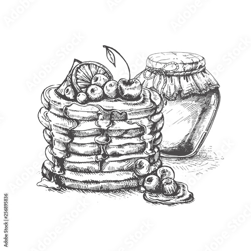 Vector vintage pancake drawing. Hand drawn monochrome food illustration. Great for menu, poster or label.Sketch of Pancakes with berries and honey.Healthy summer american breakfast.