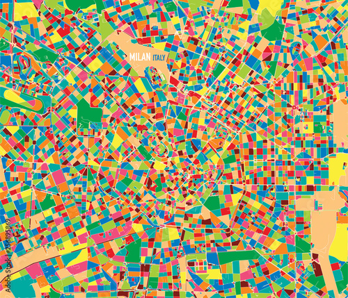 Satellite map of Milan, Italy, cultural and historic center. Streets map and city center. Colorful poster, multicolored map