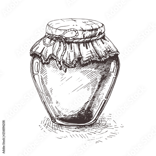 Jar of honey, sketch style vector illustration isolated on white background. honey in transparent glass jar with closed lid.Engraved organic food hand drawn sketch illustration.