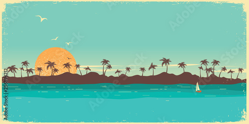 Tropical island paradise.Vintage poster background with palms silhouette
