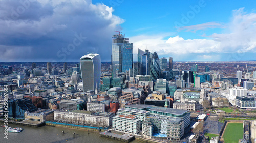 Aerial drone panoramic view of iconic financial and bank district with tall skyscrapers in City of London, United Kingdom