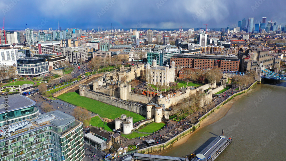 Aerial drone photo of iconic Tower of London castle in the heart of City of London, United Kingdom