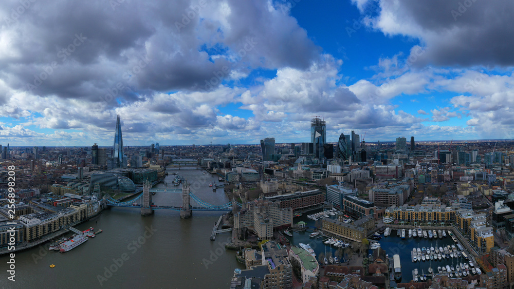 Aerial drone photo of iconic Tower Bridge in the heart of City of London, United Kingdom