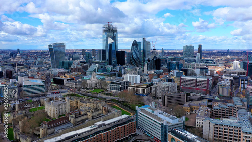 Aerial drone panoramic view of iconic financial and bank district with tall skyscrapers in City of London  United Kingdom