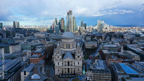 Aerial drone photo of iconic Saint Paul landmark Cathedral in the heart of City financial district of London  United Kingdom