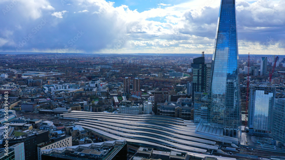 Aerial drone bird's eye view of iconic skyline in City of London, United Kingdom