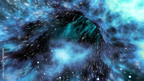 Looped wormhole flight to another dimension through a blue-shifted force field of stars and interstellar gases