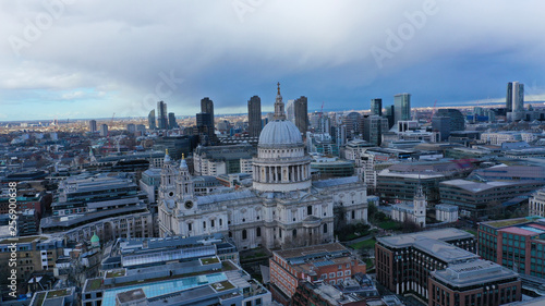 Aerial drone photo of iconic Saint Paul landmark Cathedral in the heart of City financial district of London, United Kingdom