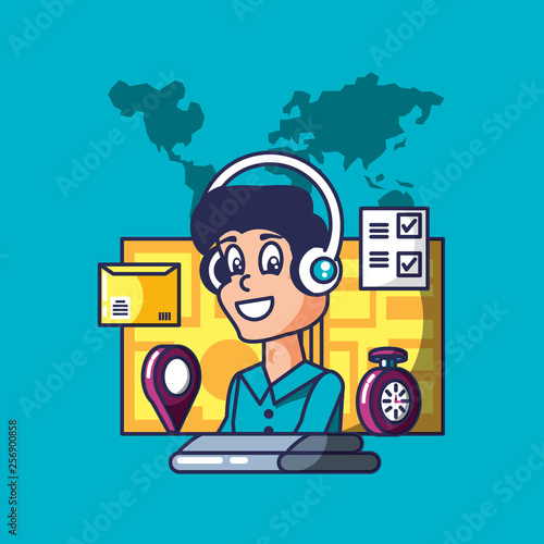 delivery service worker with computer and icons
