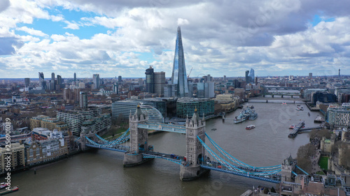 Aerial drone photo of iconic Tower Bridge in the heart of City of London  United Kingdom