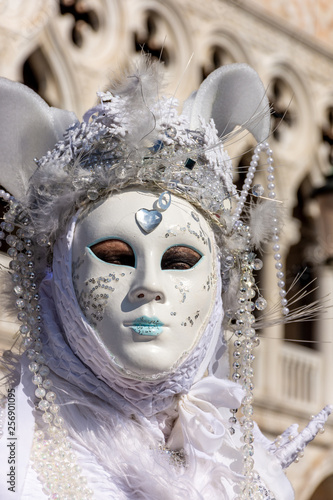 Italy, Venice,  carnival,  2019,  people with beautiful masks walk around Piazza San Marco, in the streets and canals of the city, posing for photographers and tourists, with colorful clothes. © benny