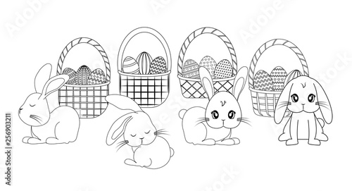 set cute rabbits with baskets and eggs of easter